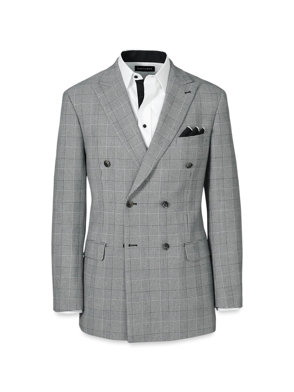Black/White Plaid Houndstooth Double Breasted Peak Lapel Suit Jacket - Black/white