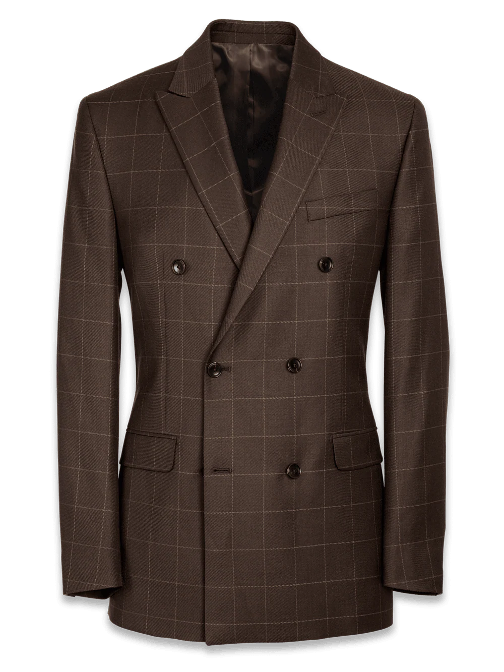 Classic Fit Essential Wool Double Breasted Peak Lapel Suit Jacket - Brown Windowpane