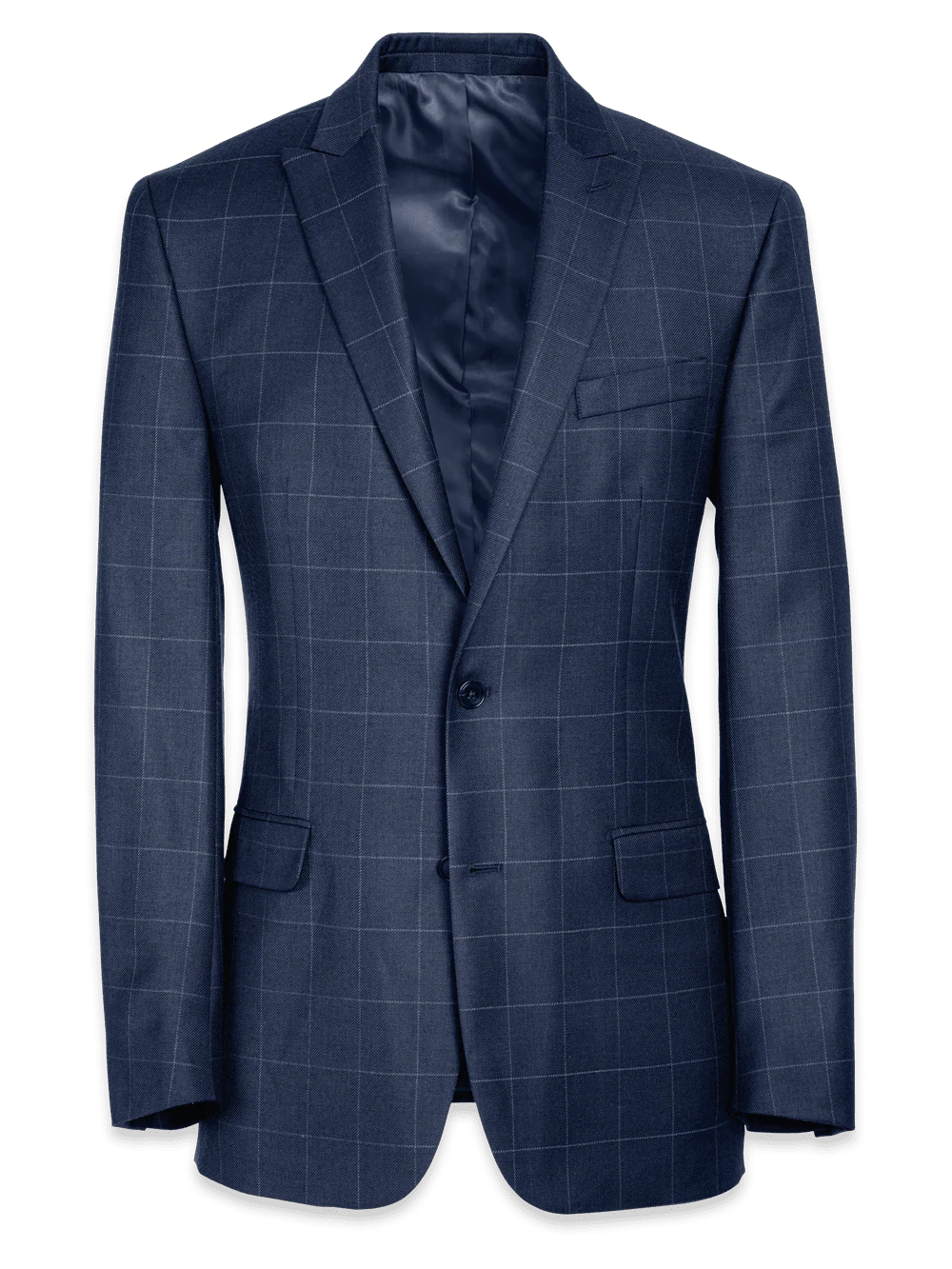 Classic Fit Essential Wool Peak Lapel Side Vents Suit Jacket - Navy Windowpane