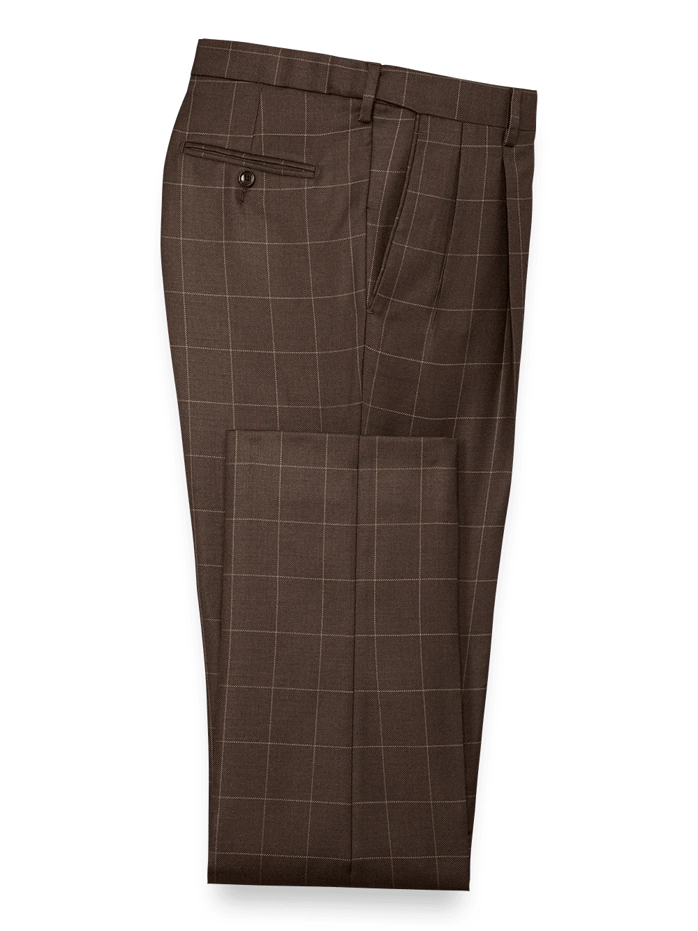 Classic Fit Essential Wool Pleated Suit Pants - Brown Windowpane