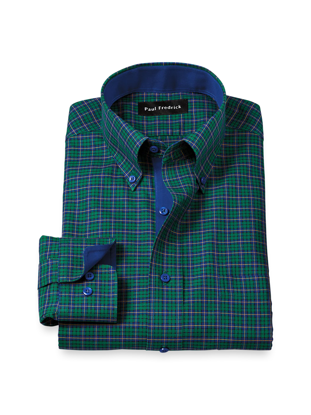 Comfort Stretch Non-Iron Plaid Dress Shirt With Contrast Trim - Green/blue