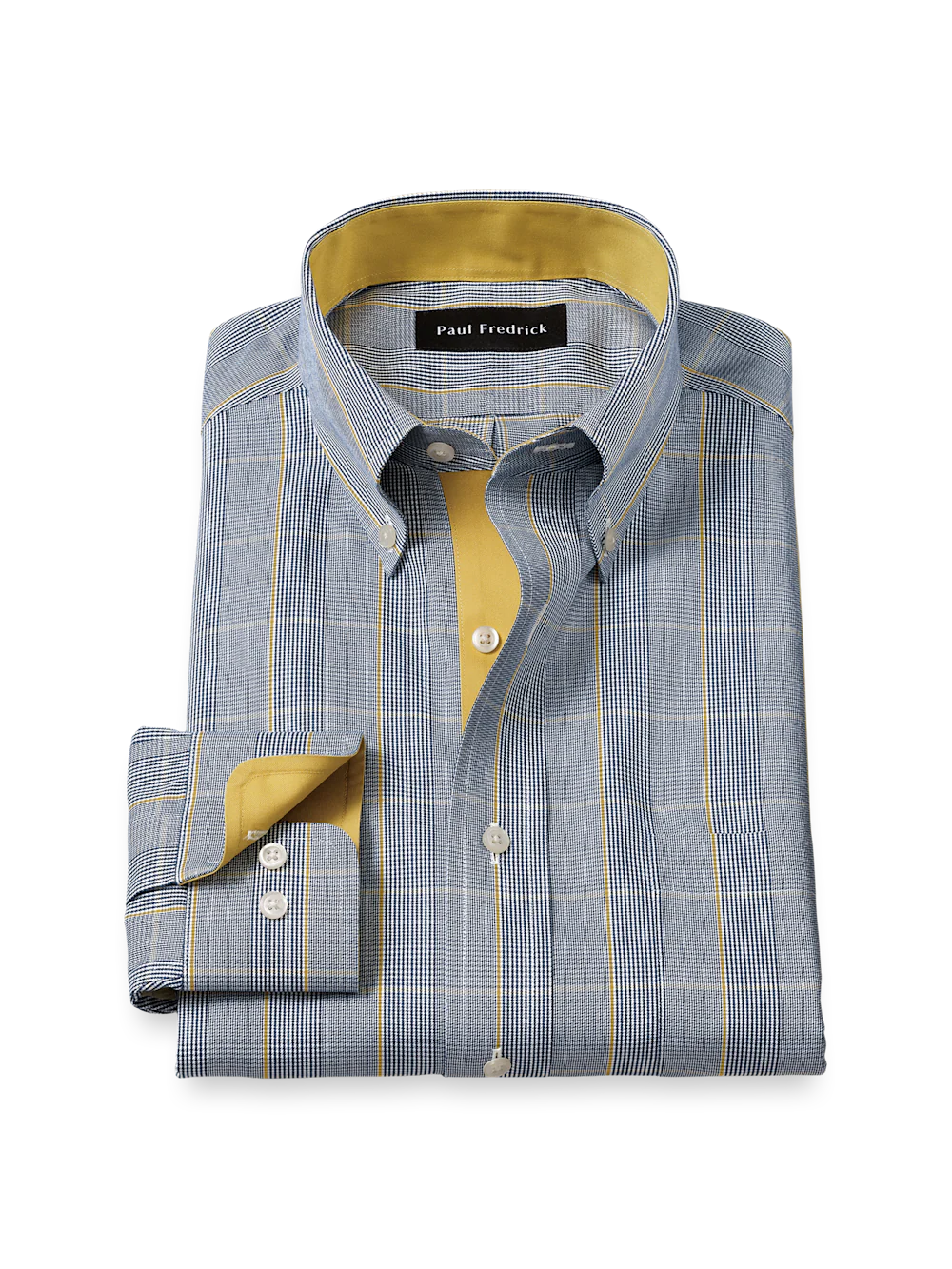 Comfort Stretch Non-Iron Plaid Dress Shirt With Contrast Trim - Navy/gold