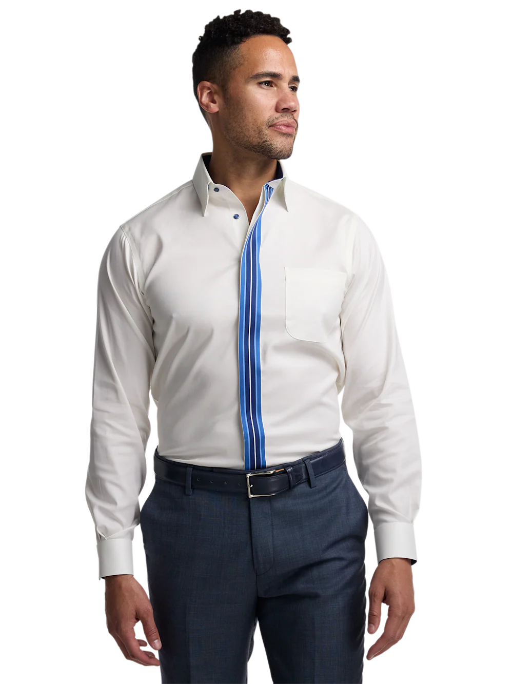Comfort Stretch Non-Iron Solid Dress Shirt With Contrast Trim - White - Image 2