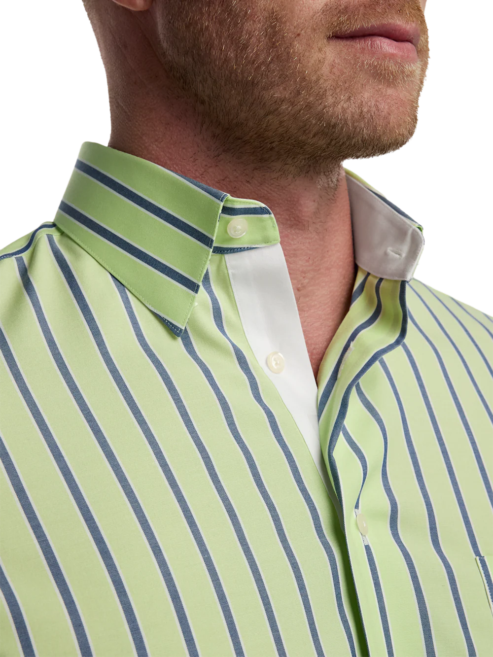 Comfort Stretch Non-Iron Stripe Dress Shirt With Contrast Trim - Green/blue - Image 3