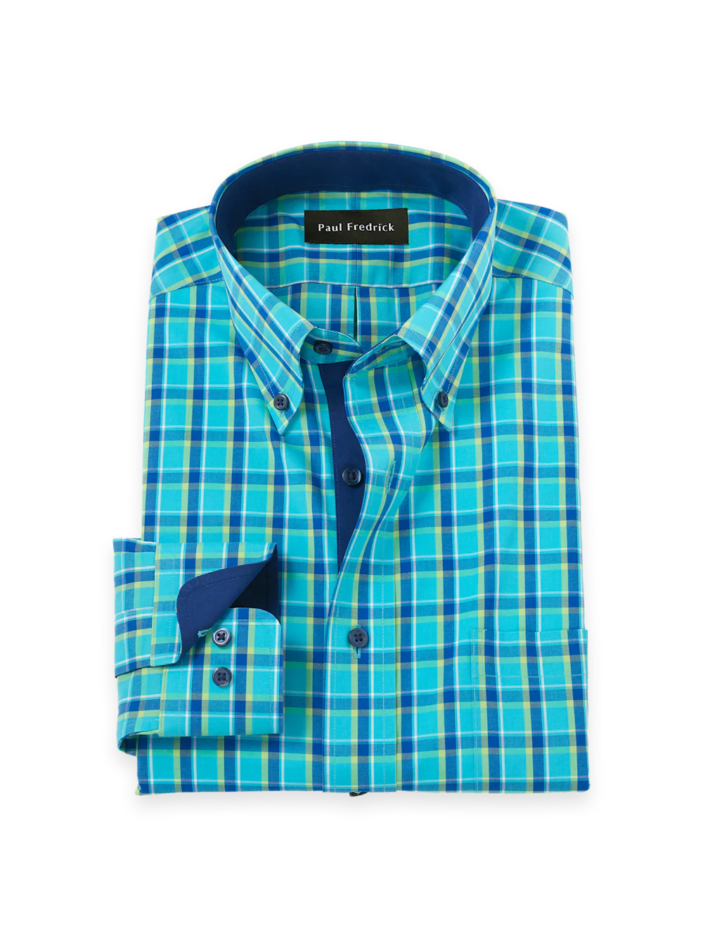 Comfort Stretch Non-Iron Windowpane Dress Shirt With Contrast Trim - Blue/green