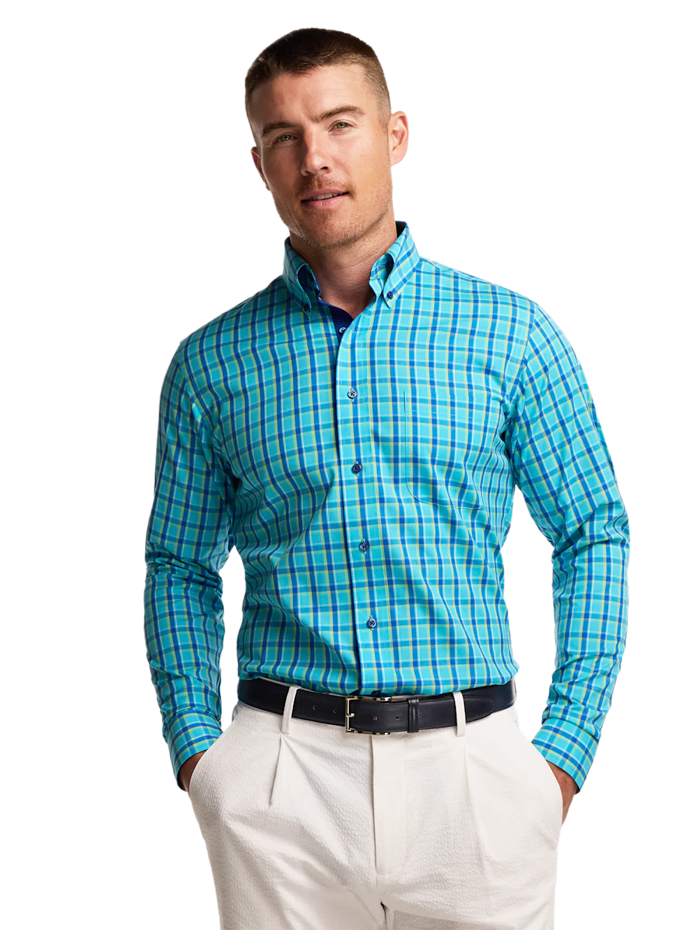 Comfort Stretch Non-Iron Windowpane Dress Shirt With Contrast Trim - Blue/green - Image 2
