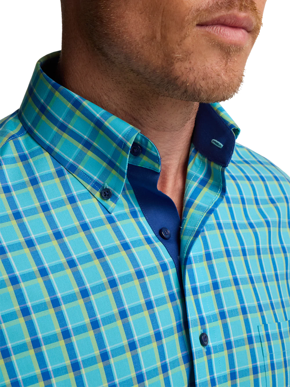 Comfort Stretch Non-Iron Windowpane Dress Shirt With Contrast Trim - Blue/green - Image 3