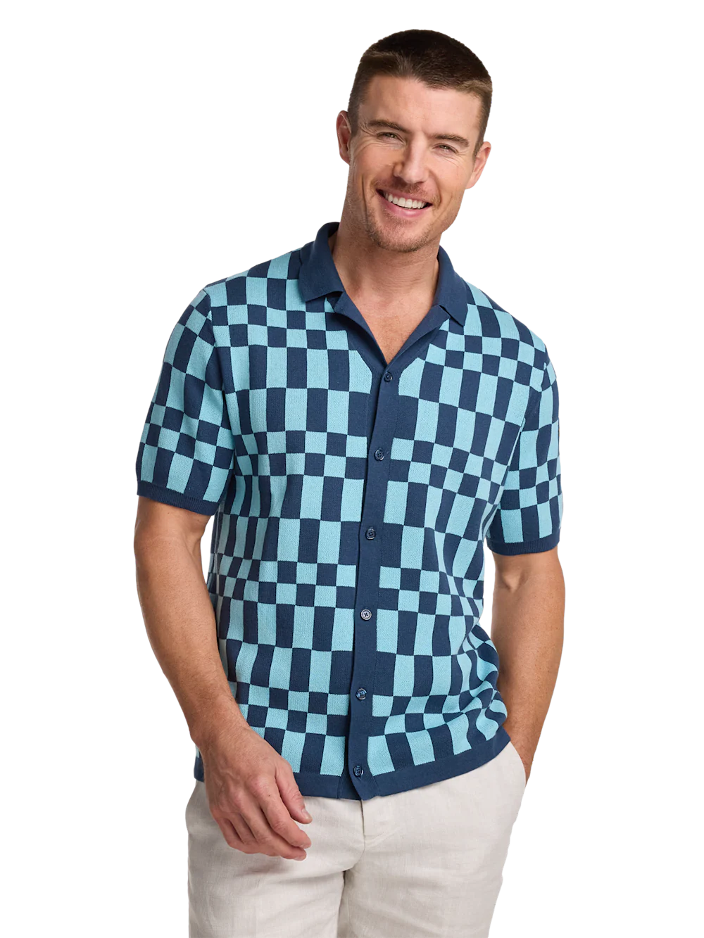 Cotton Button Front Camp Sweater - Blue Multi - Image 2