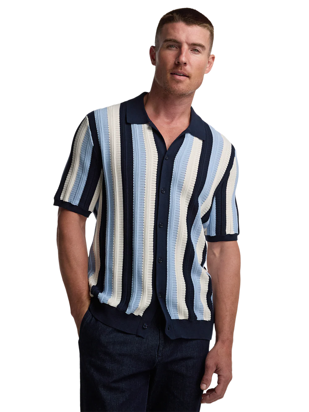 Cotton Button Front Polo - Blue Multi - Image 2
