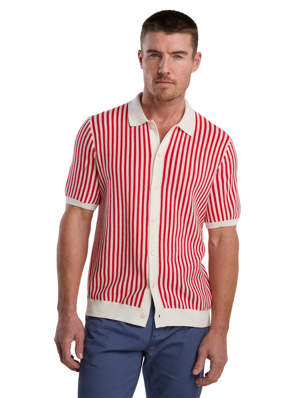 Cotton Crochet Button Front Polo - Pink - Image 2