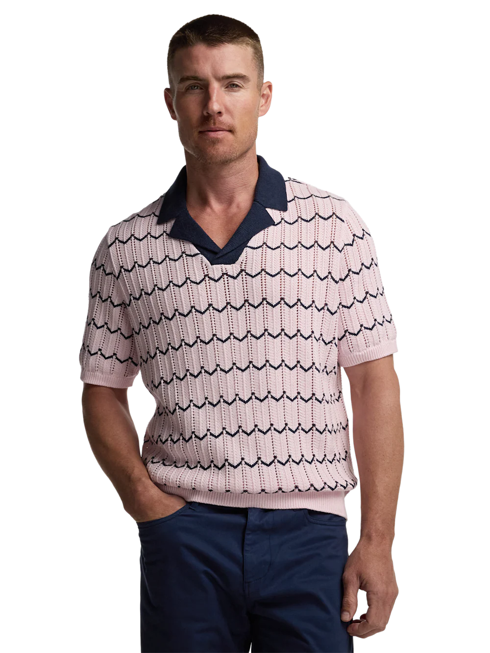Cotton Scalloped Stripe Camp Sweater - Pink - Image 2