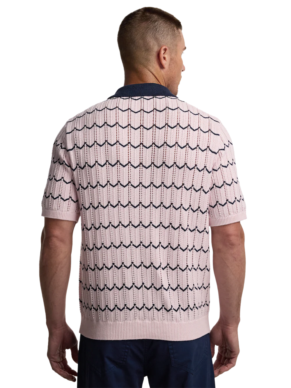 Cotton Scalloped Stripe Camp Sweater - Pink - Image 5