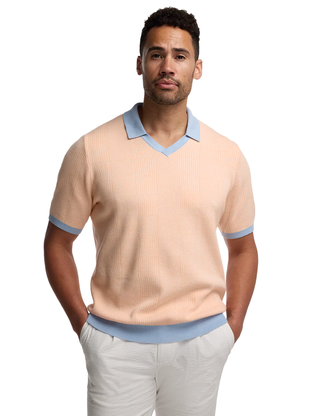 Cotton V-Neck Polo - Peach - Image 2