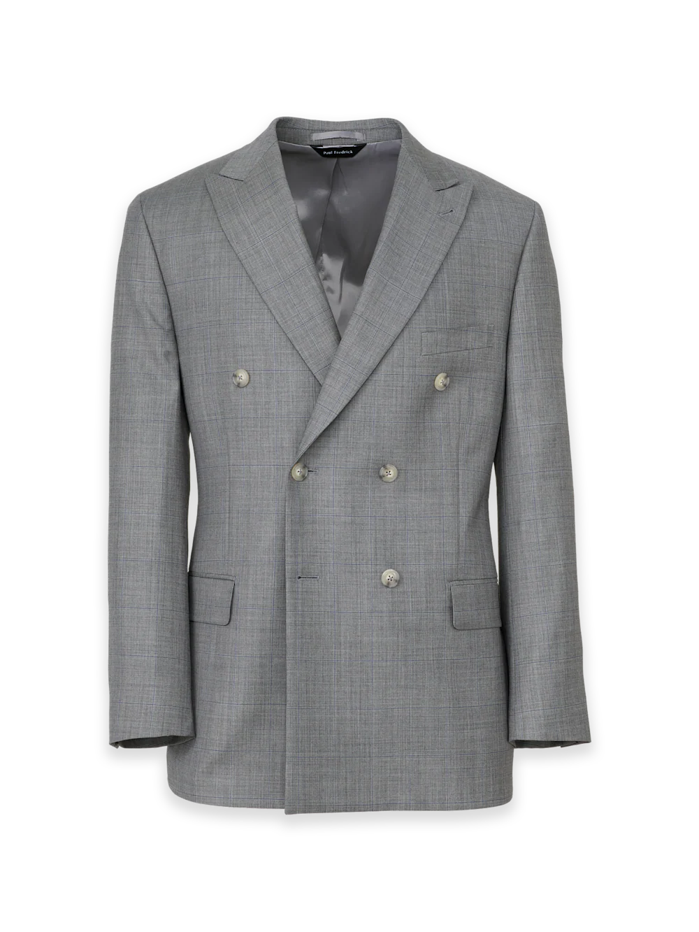 Grey Wool Windowpane Double Breasted Peak Lapel Suit Jacket - Grey