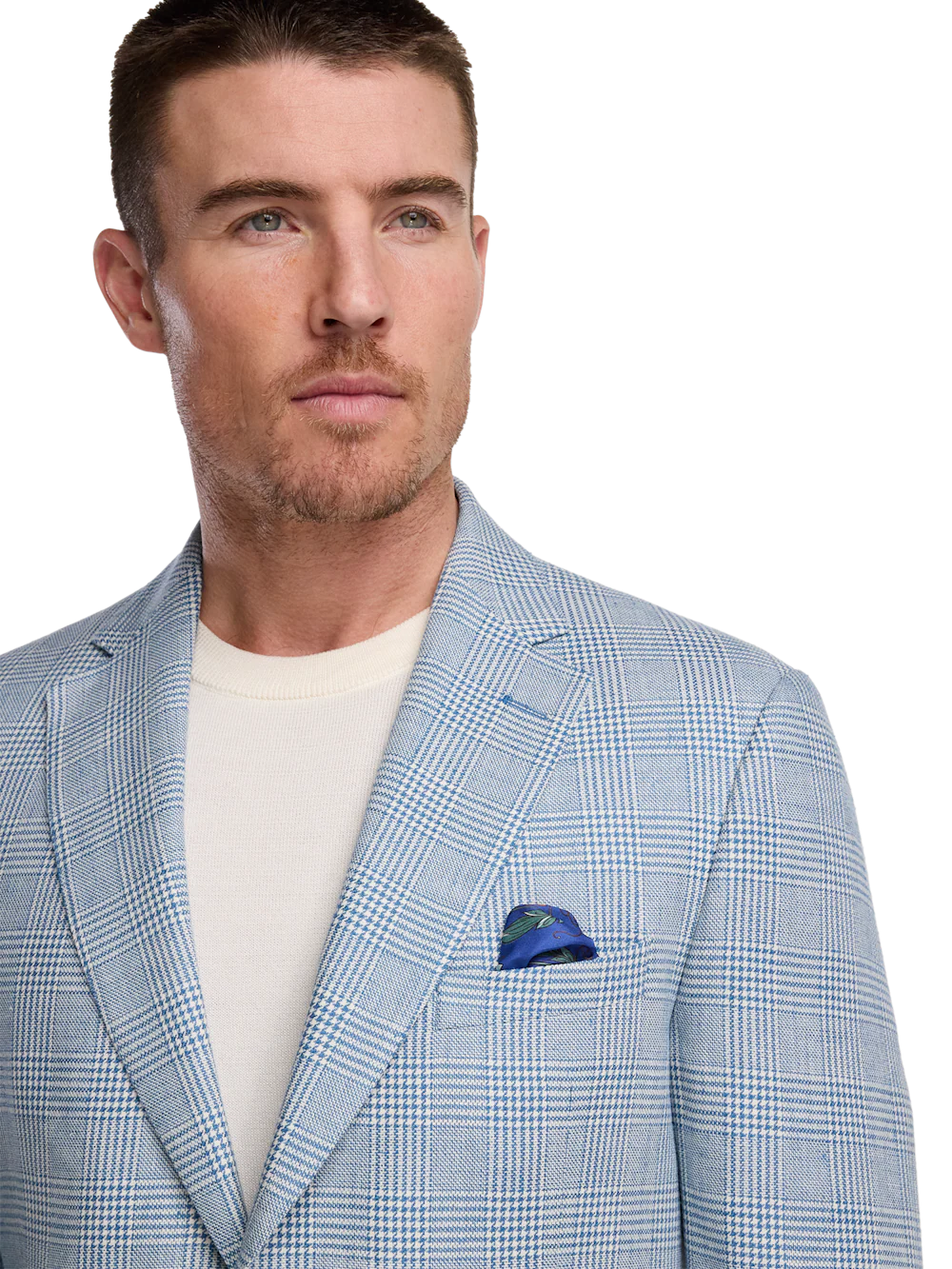 Italian Cotton Blend Single Breasted Notch Lapel Suit - Tan/blue Plaid - Image 3