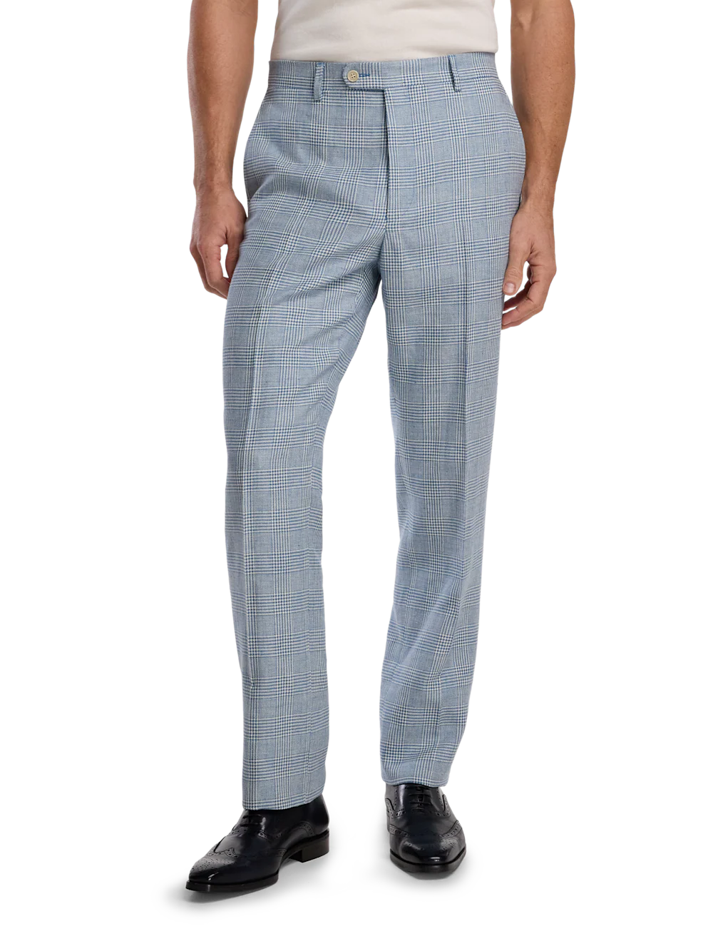Italian Cotton Blend Single Breasted Notch Lapel Suit - Tan/blue Plaid - Image 8
