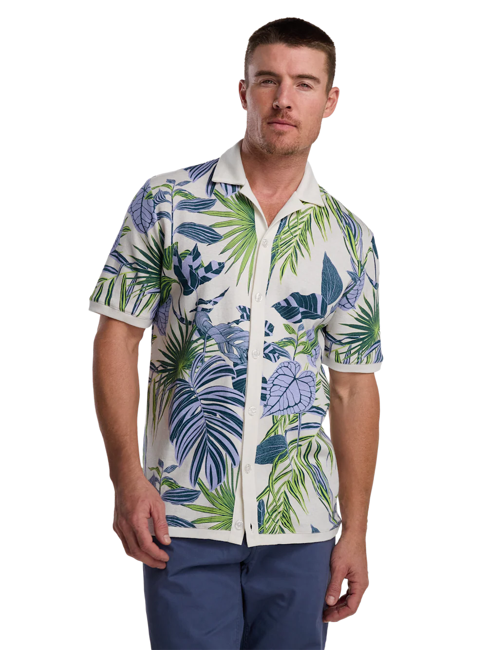 Linen Blend Button Front Camp - White Multi - Image 2