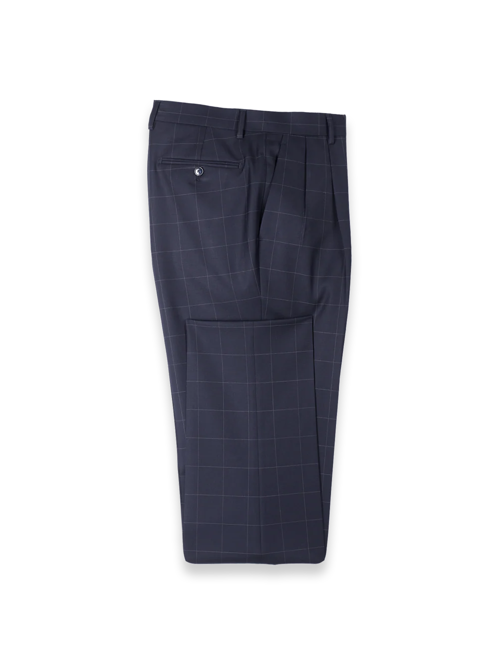 Navy Wool Windowpane Double Pleated Suit Pants - Navy