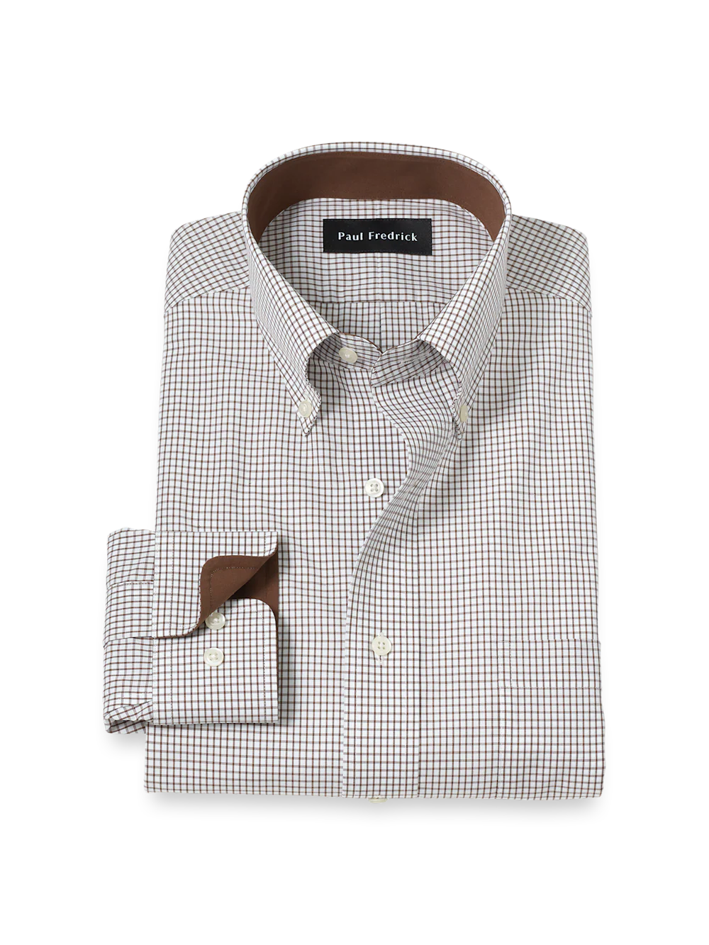 Non-Iron Cotton Check Dress Shirt With Contrast Trim - Brown/white