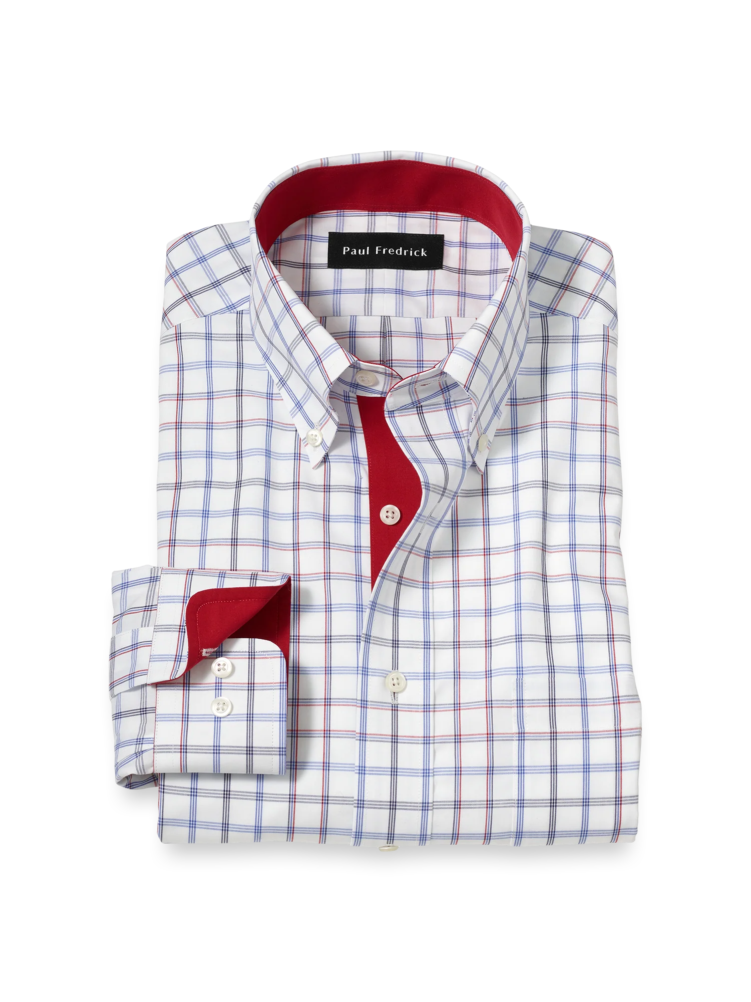 Non-Iron Cotton Check Dress Shirt With Contrast Trim - Blue/red