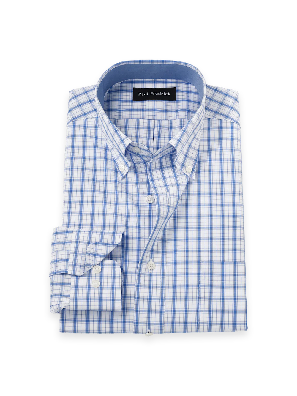 Non-Iron Cotton Check Dress Shirt With Contrast Trim - White/blue