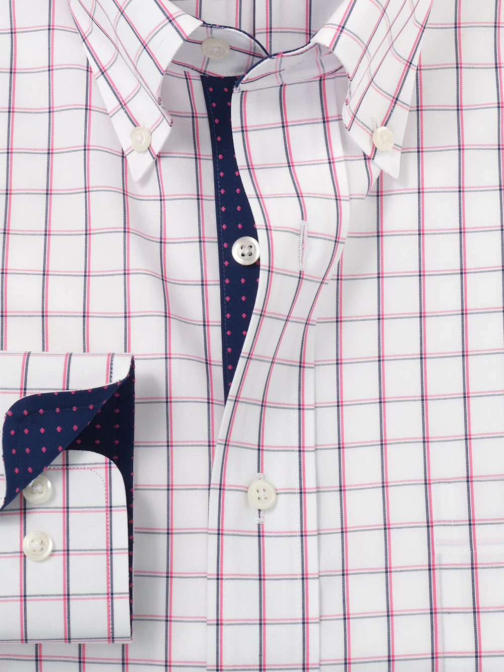 Non-Iron Cotton Check Dress Shirt With Contrast Trim - Navy/pink - Image 6