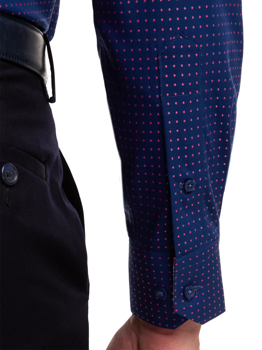 Non-Iron Cotton Dot Dress Shirt With Contrast Trim - Navy/pink - Image 4
