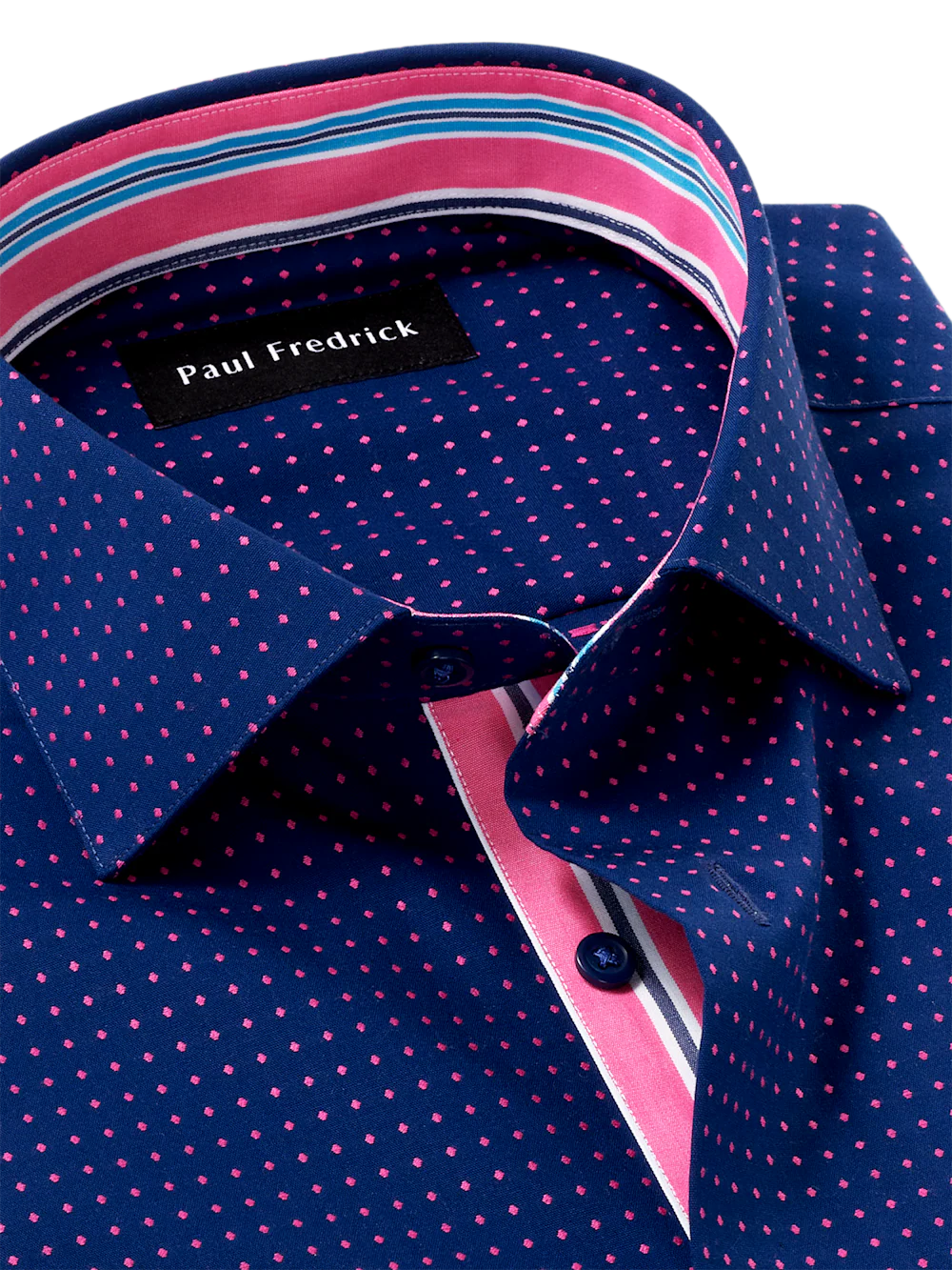 Non-Iron Cotton Dot Dress Shirt With Contrast Trim - Navy/pink - Image 7