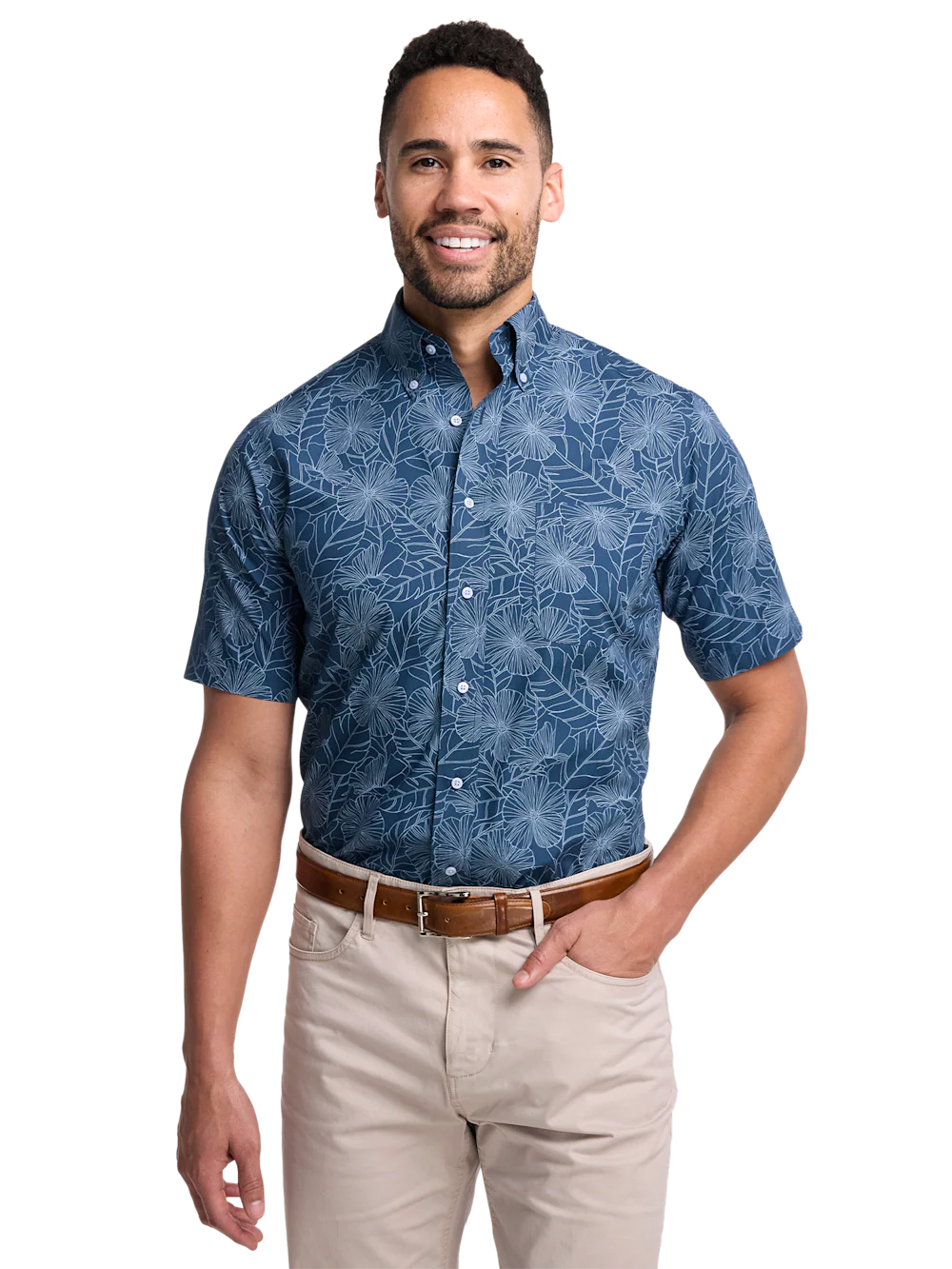 Non-Iron Cotton Floral Dress Shirt - Navy/teal - Image 2