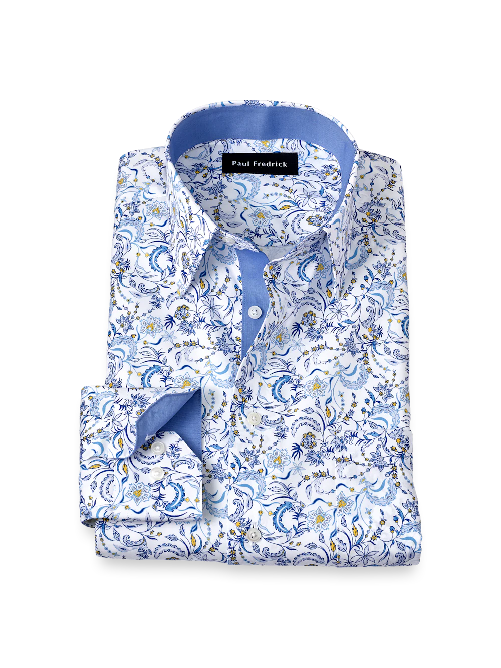 Non-Iron Cotton Floral Dress Shirt With Contrast Trim - White/blue