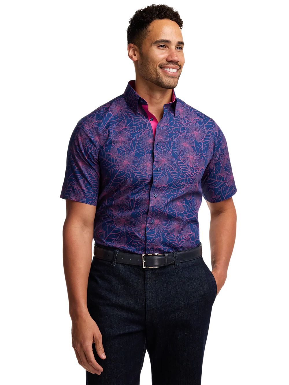 Non-Iron Cotton Floral Dress Shirt With Contrast Trim - Navy/pink - Image 2