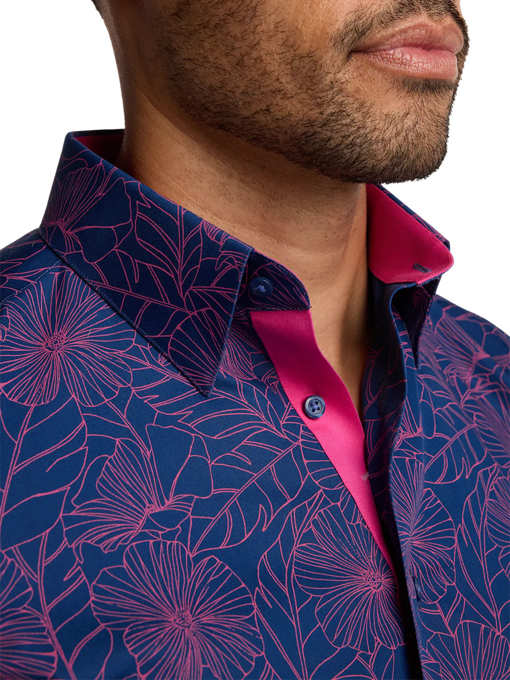 Non-Iron Cotton Floral Dress Shirt With Contrast Trim - Navy/pink - Image 3
