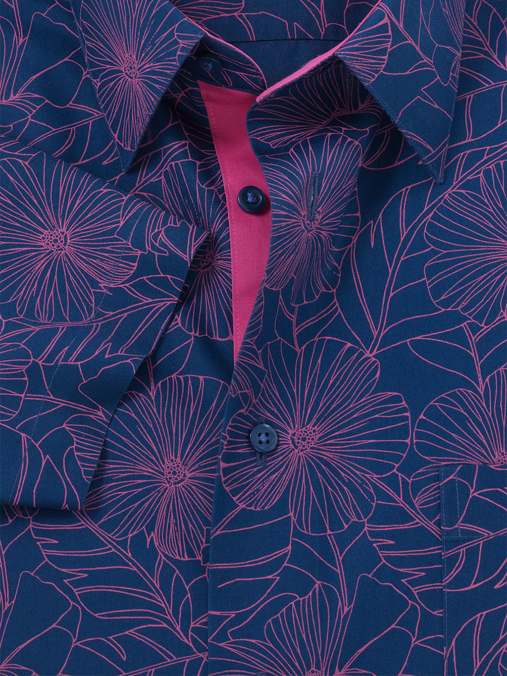 Non-Iron Cotton Floral Dress Shirt With Contrast Trim - Navy/pink - Image 6