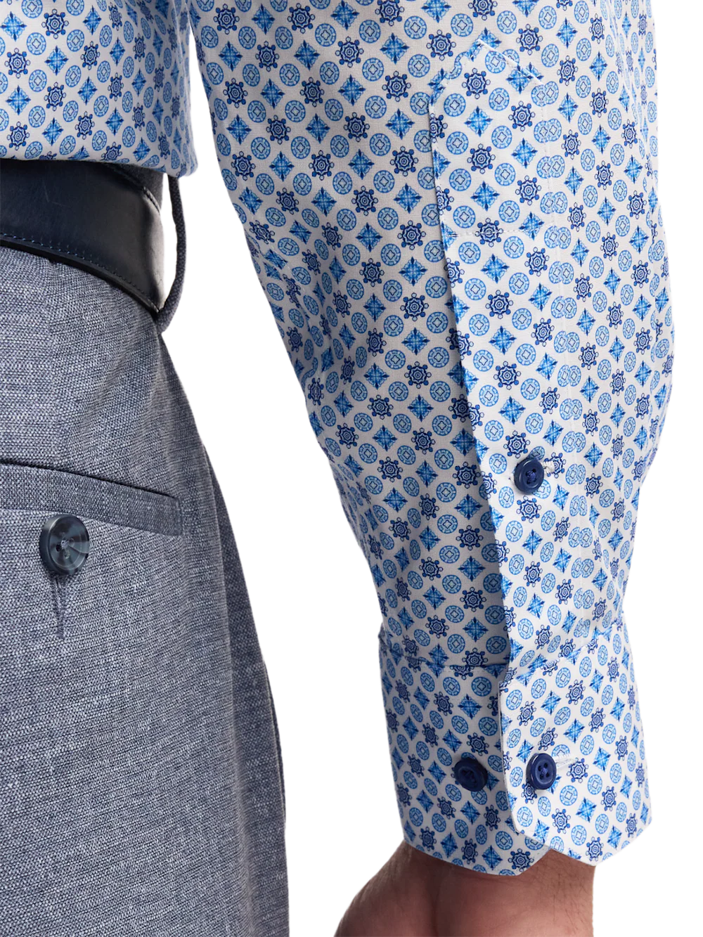 Non-Iron Cotton Geometric Dress Shirt With Contrast Trim - Blue - Image 4