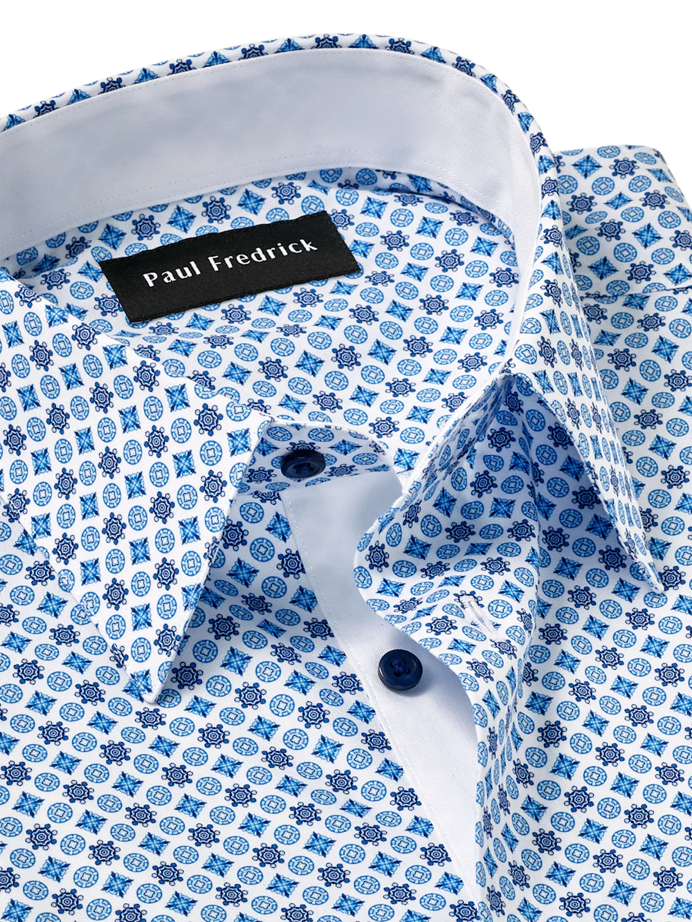 Non-Iron Cotton Geometric Dress Shirt With Contrast Trim - Blue - Image 7