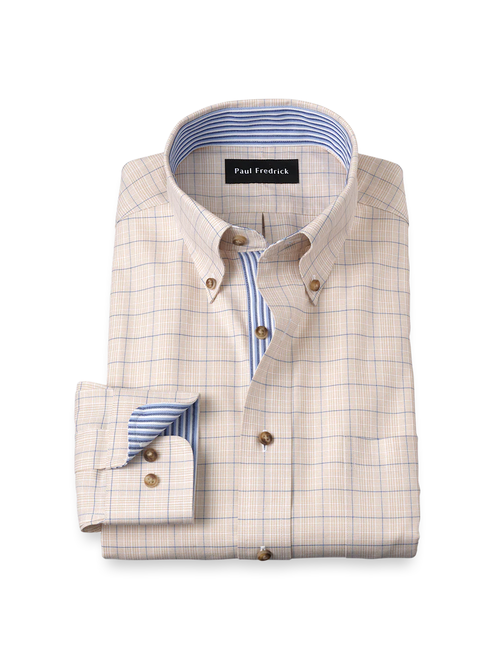 Non-Iron Cotton Glen Plaid Dress Shirt With Contrast Trim - Tan