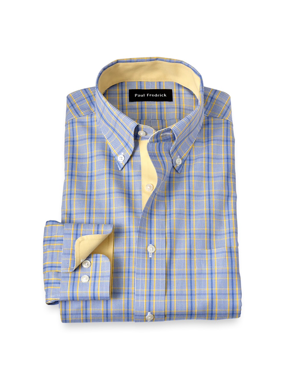 Non-Iron Cotton Glen Plaid Dress Shirt With Contrast Trim - Blue/yellow