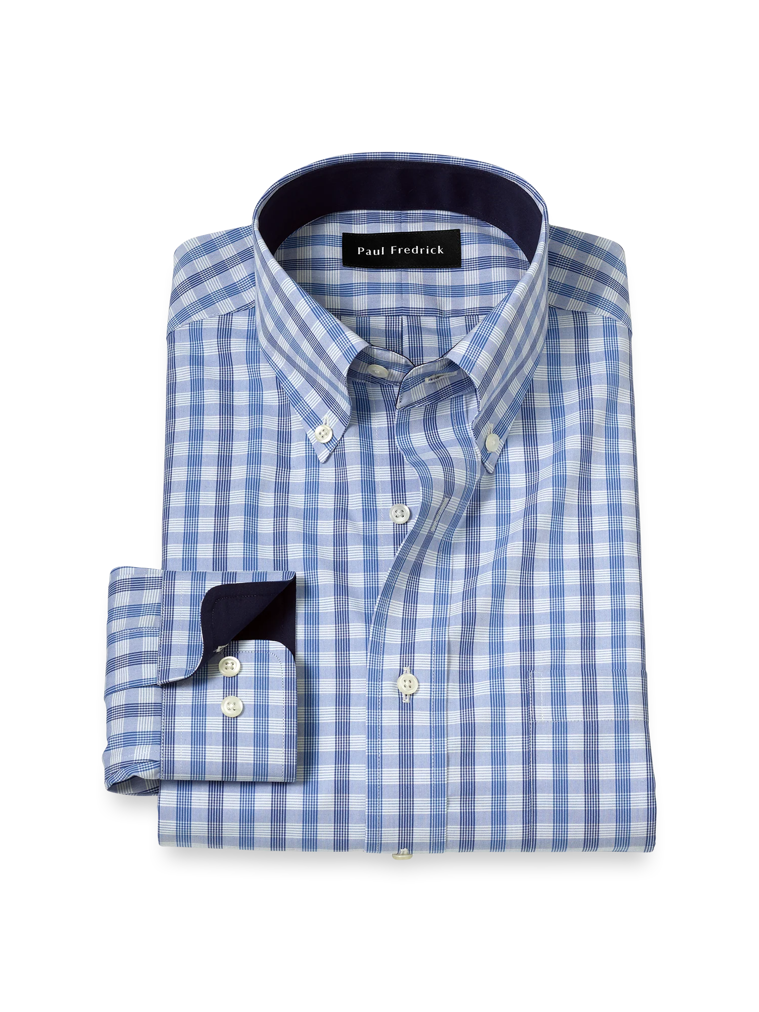 Non-Iron Cotton Plaid Dress Shirt With Contrast Trim - Blue
