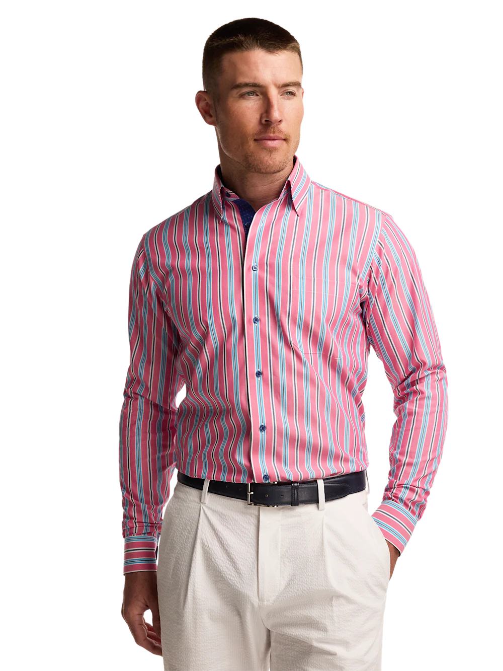 Non-Iron Cotton Stripe Dress Shirt With Contrast Trim - Pink/navy - Image 2