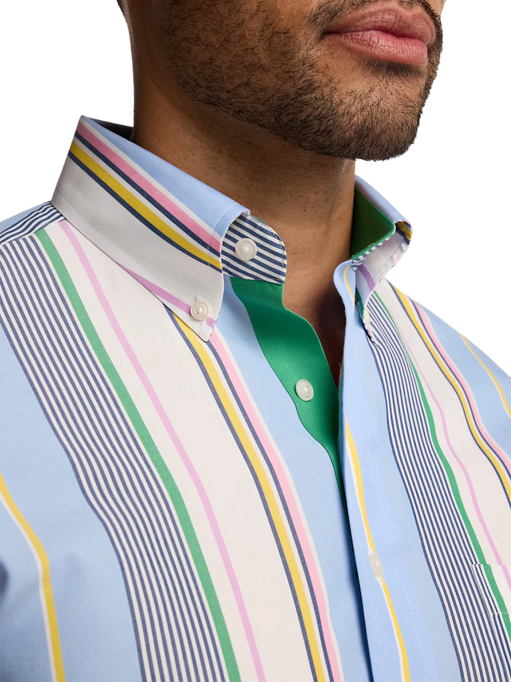 Non-Iron Cotton Stripe Dress Shirt With Contrast Trim - Blue Multi - Image 3