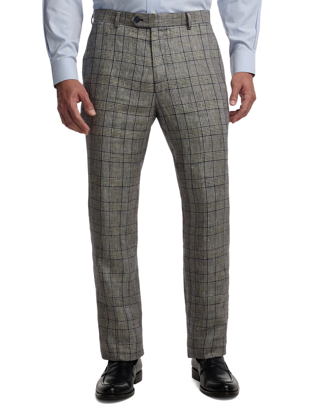 Plaid Linen Flat Front Suit Pants - Tan/blue Plaid - Image 2