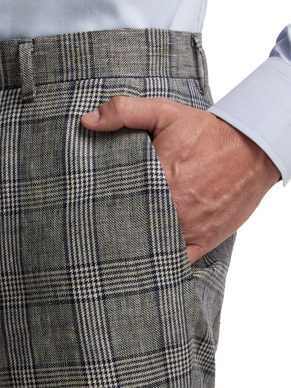 Plaid Linen Flat Front Suit Pants - Tan/blue Plaid - Image 4