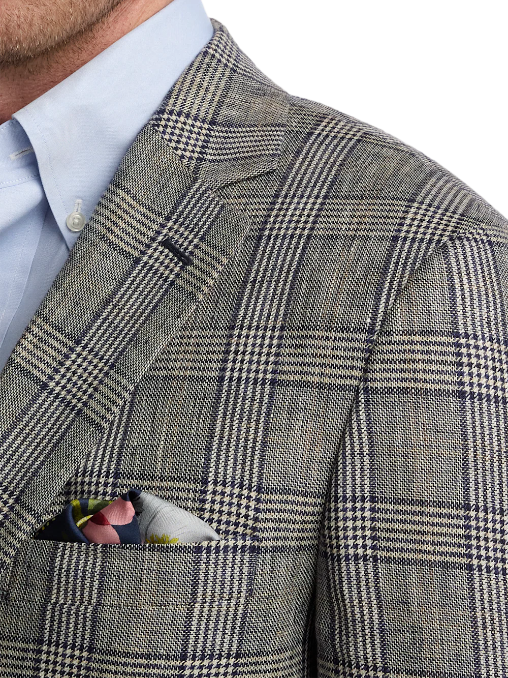 Plaid Linen Single Breasted Notch Lapel Suit - Tan/blue Plaid - Image 6