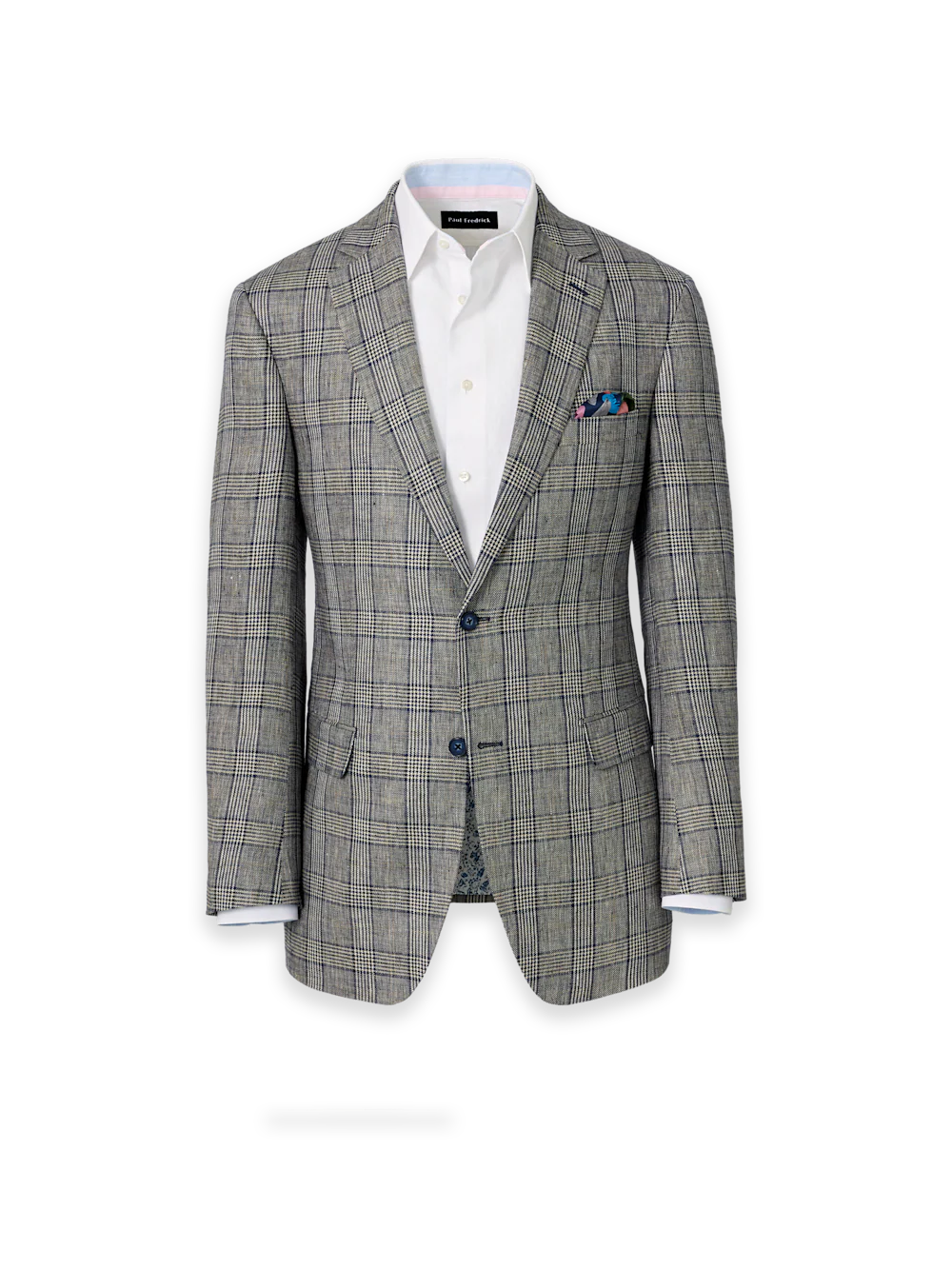 Plaid Linen Single Breasted Notch Lapel Suit Jacket - Tan/blue Plaid
