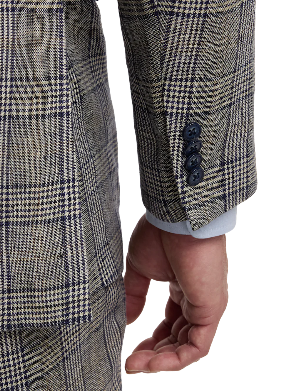 Plaid Linen Single Breasted Notch Lapel Suit Jacket - Tan/blue Plaid - Image 3