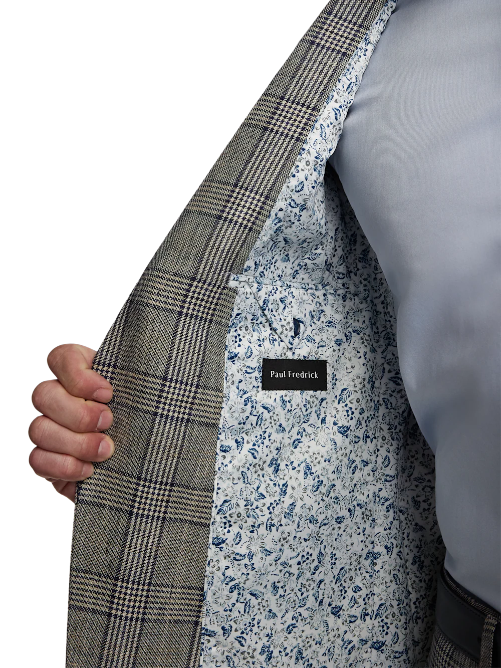 Plaid Linen Single Breasted Notch Lapel Suit Jacket - Tan/blue Plaid - Image 4