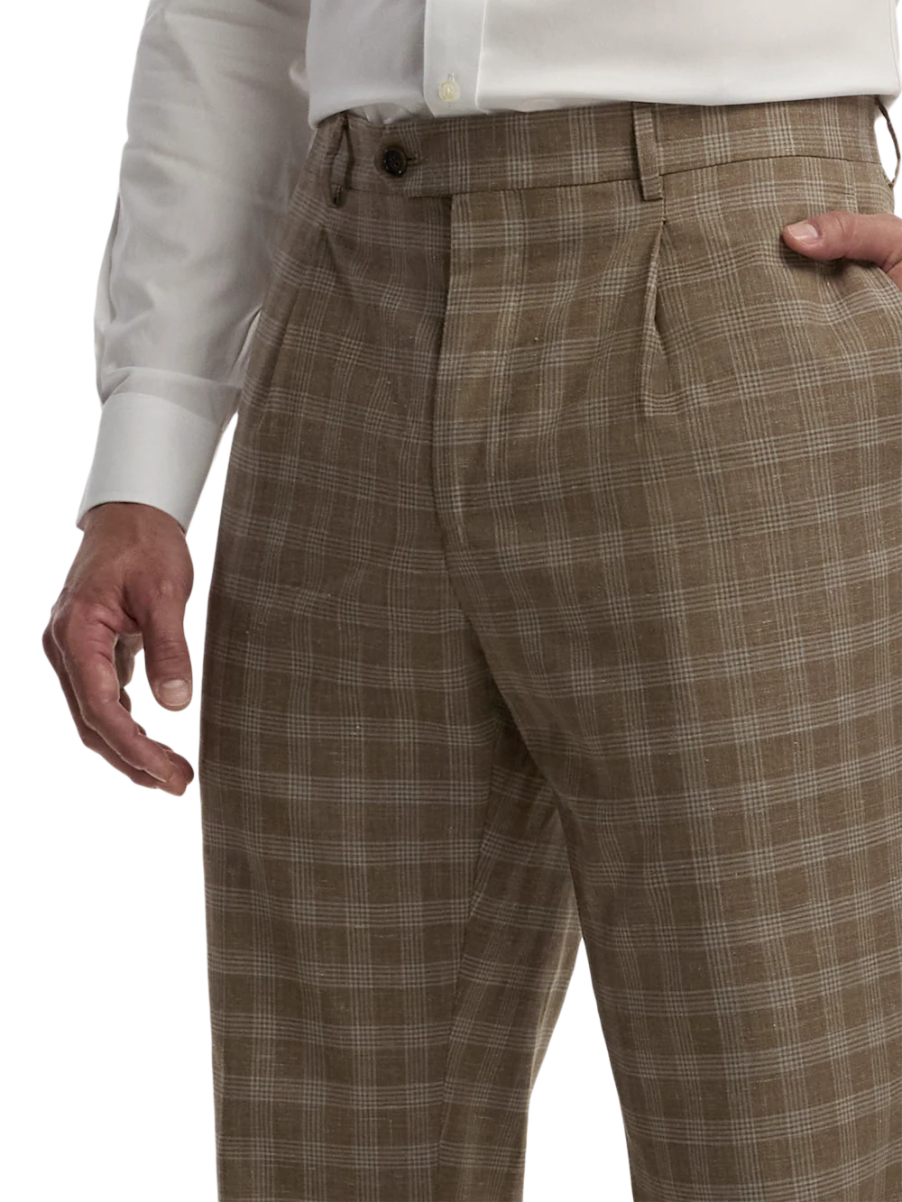 Plaid Cotton Blend Single Pleat Suit Pants - Brown Plaid - Image 3