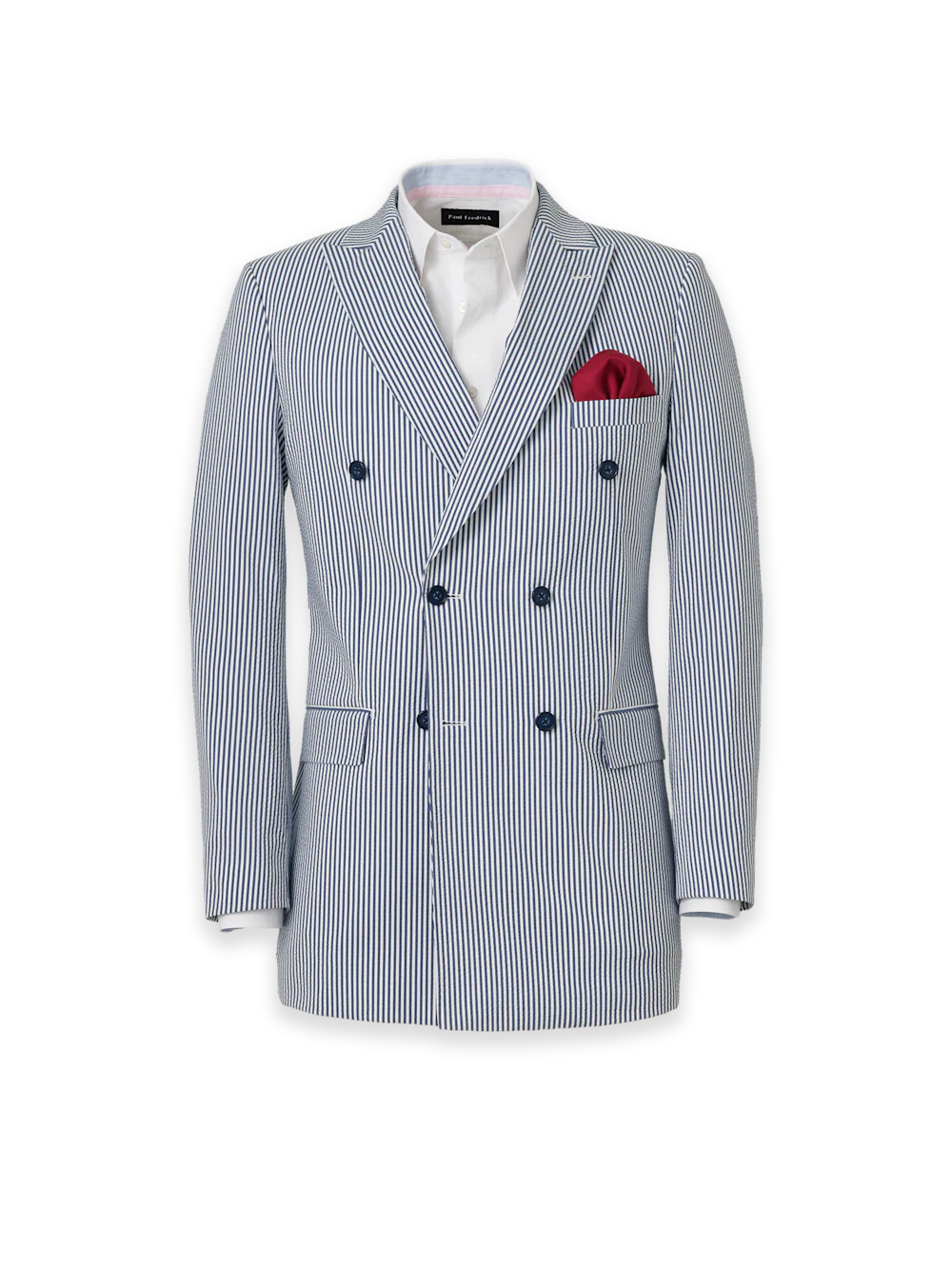 Stripe Seersucker Double Breasted Peak Lapel Suit Jacket - Navy/white