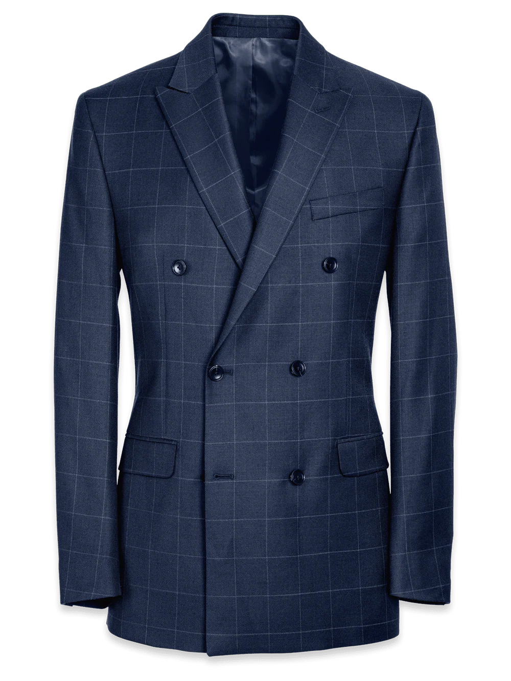Tailored Fit Essential Wool Double Breasted Peak Lapel Suit Jacket - Navy Windowpane
