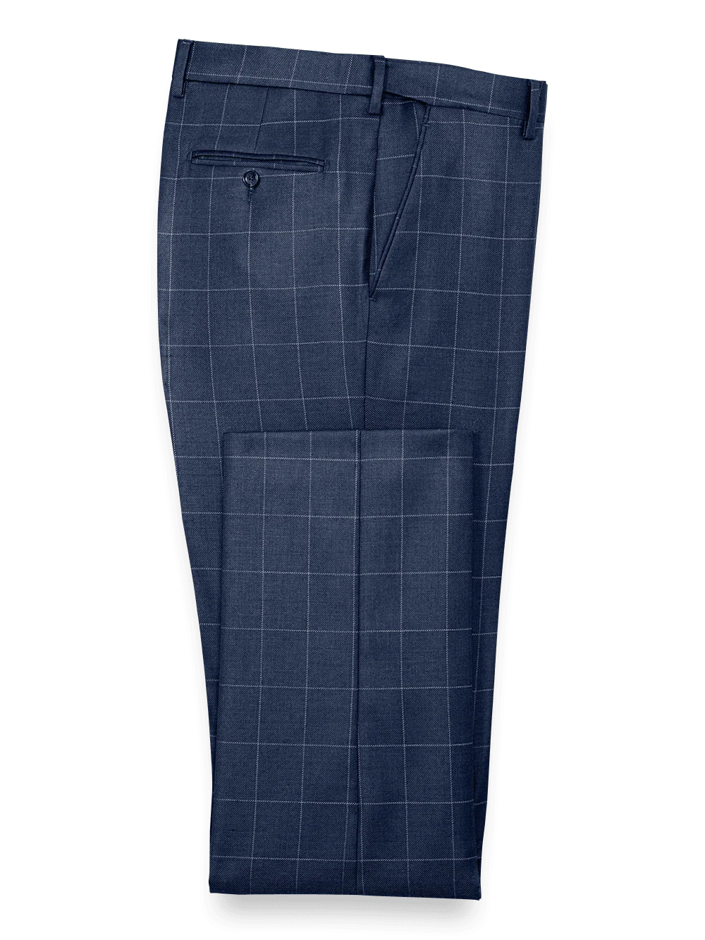 Tailored Fit Essential Wool Flat Front Pants - Navy Windowpane